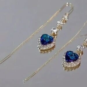 Heart Shape Blue Faux Rhinestone Tassel Earrings - Alloy Ear Needle - See Info